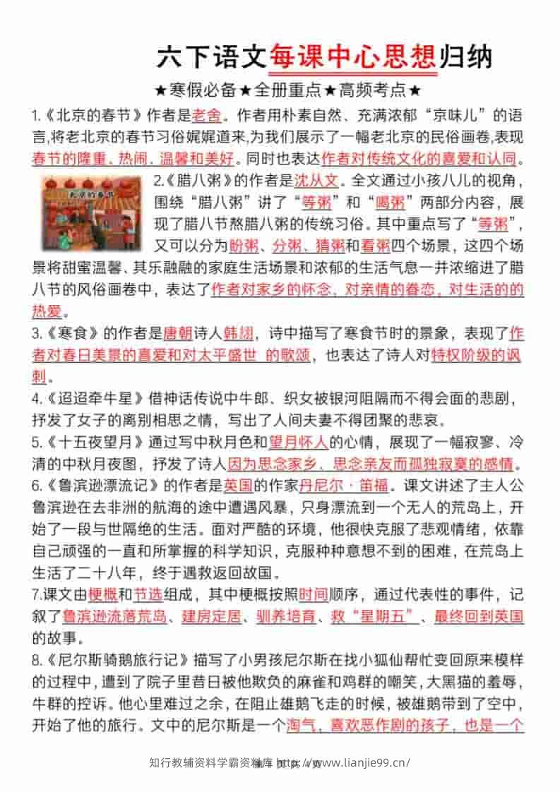 六年级下语文每课中心思想归纳-学霸资料库学科资源下载