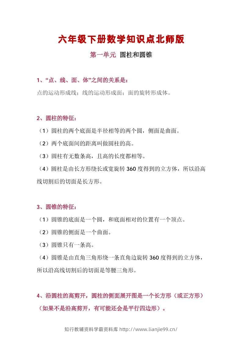 六年级下数学知识点汇总《北师版》-学霸资料库学科资源下载