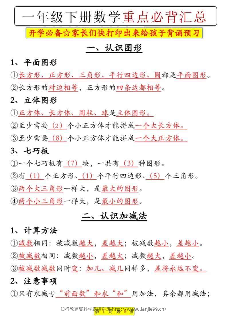 一年级下数学重点必背汇总-学霸资料库学科资源下载