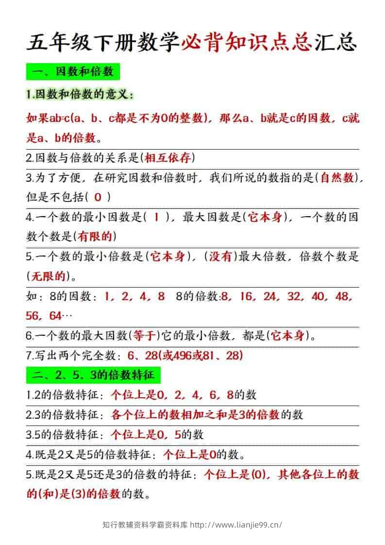 五年级下数学必背知识点总复习汇总《人教版》-学霸资料库学科资源下载