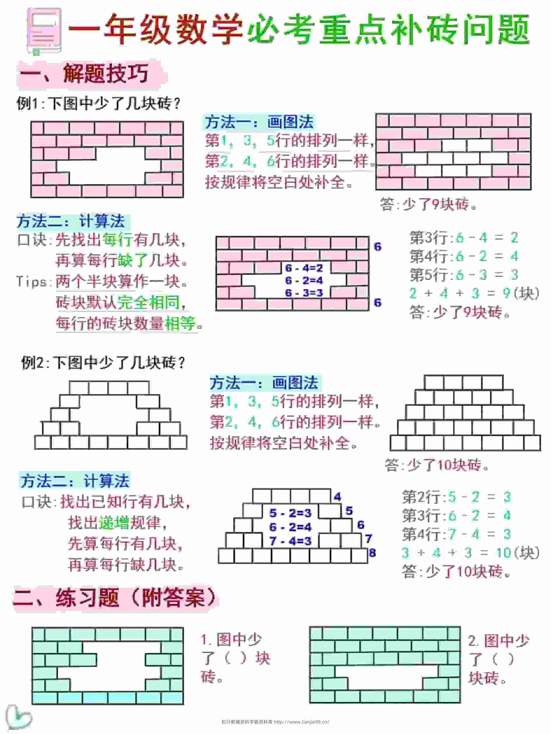 一年级下数学《补砖补墙》讲解+习题-学霸资料库学科资源下载
