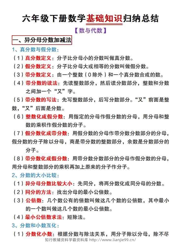 六年级下数学基础知识归纳总结《冀教版》-学霸资料库学科资源下载