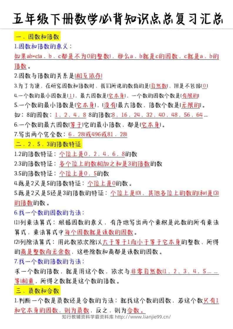 五年级下数学必备知识点汇总-学霸资料库学科资源下载