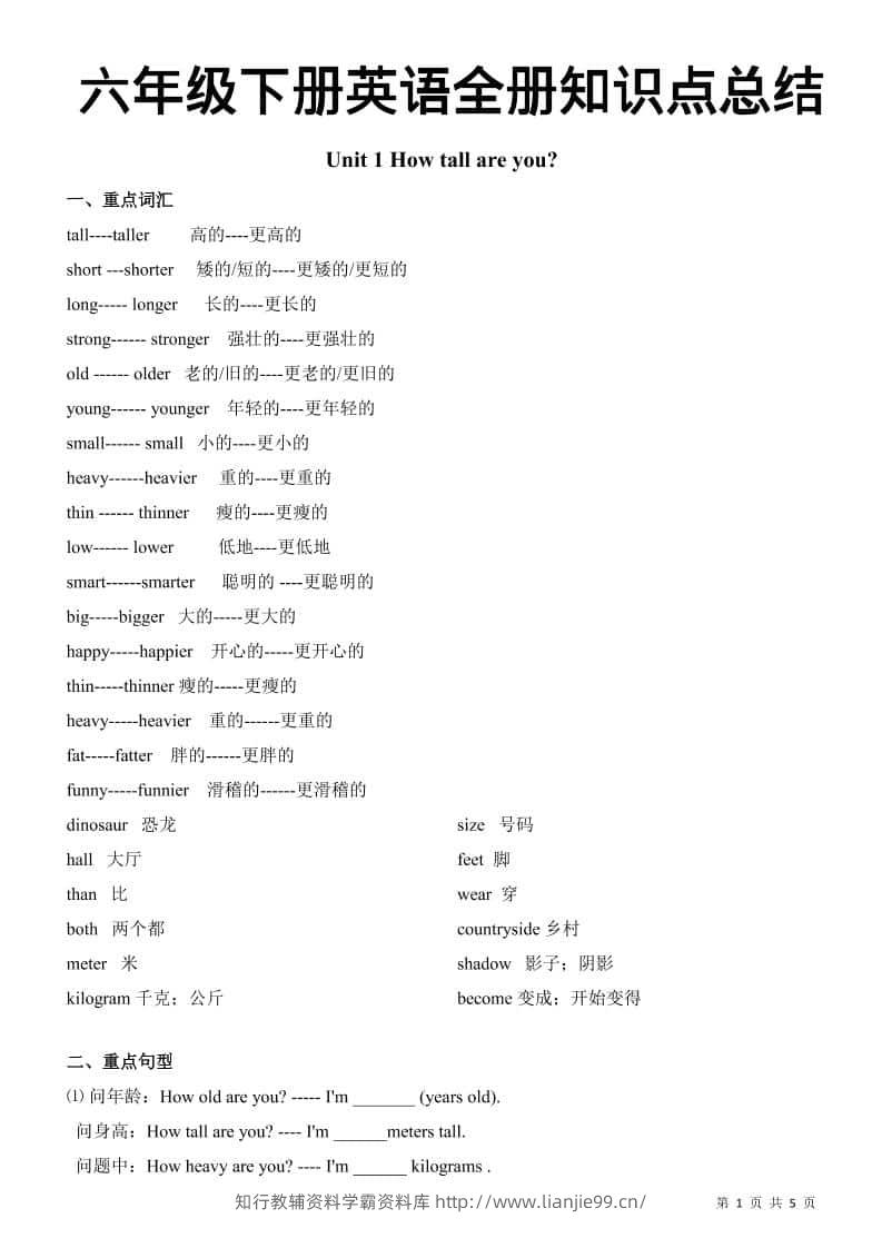 六年级下英语全册知识总结《人教版PEP》-学霸资料库学科资源下载