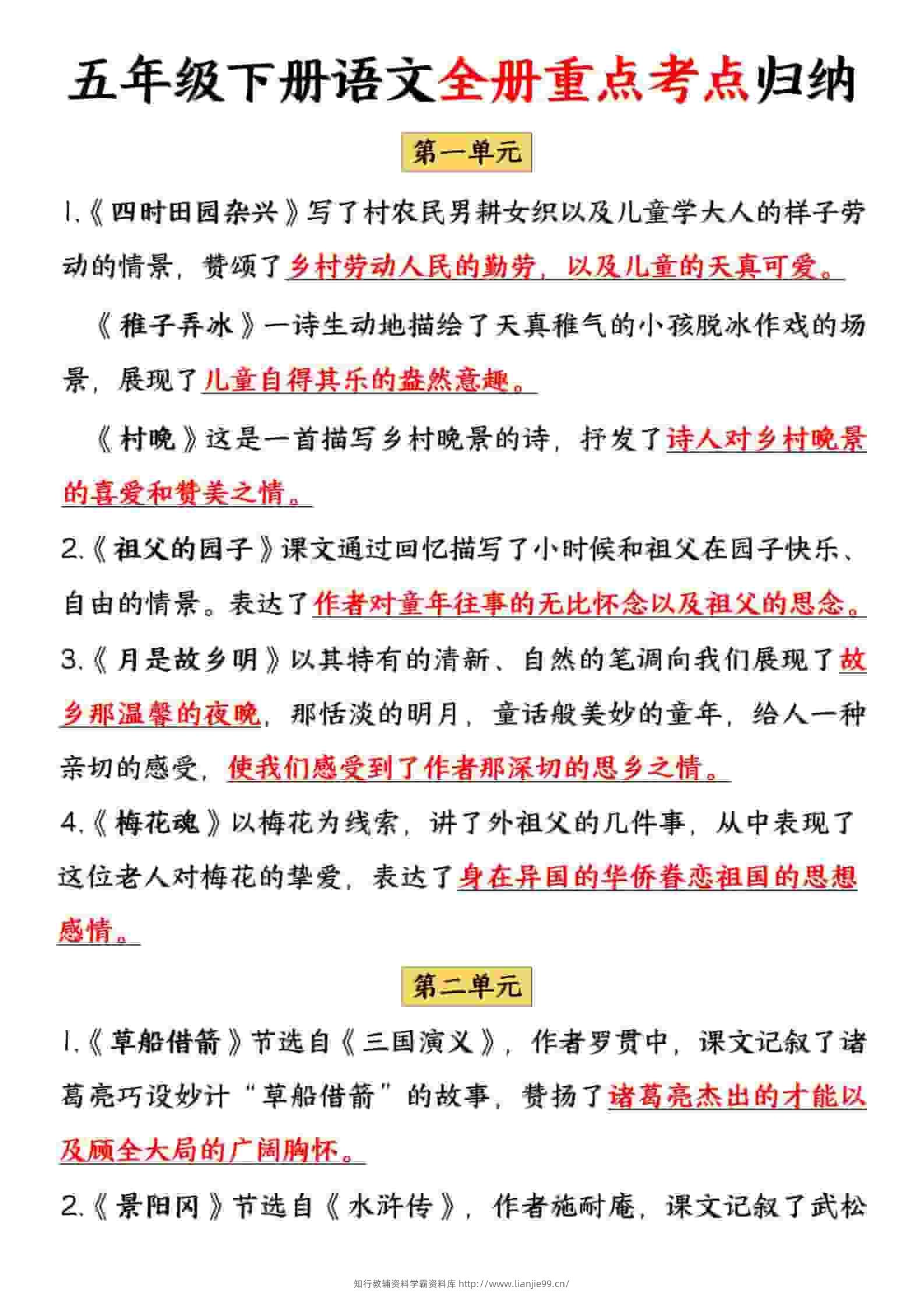 五年级下语文全册重点考点归纳-学霸资料库学科资源下载