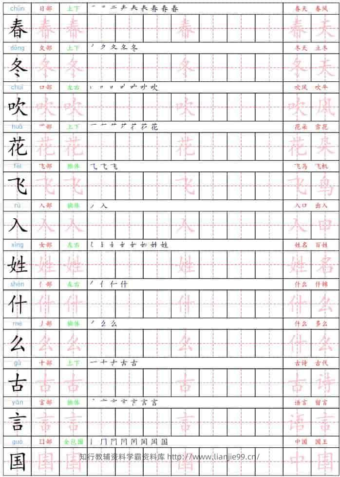一年级下语文生字练字贴-学霸资料库学科资源下载