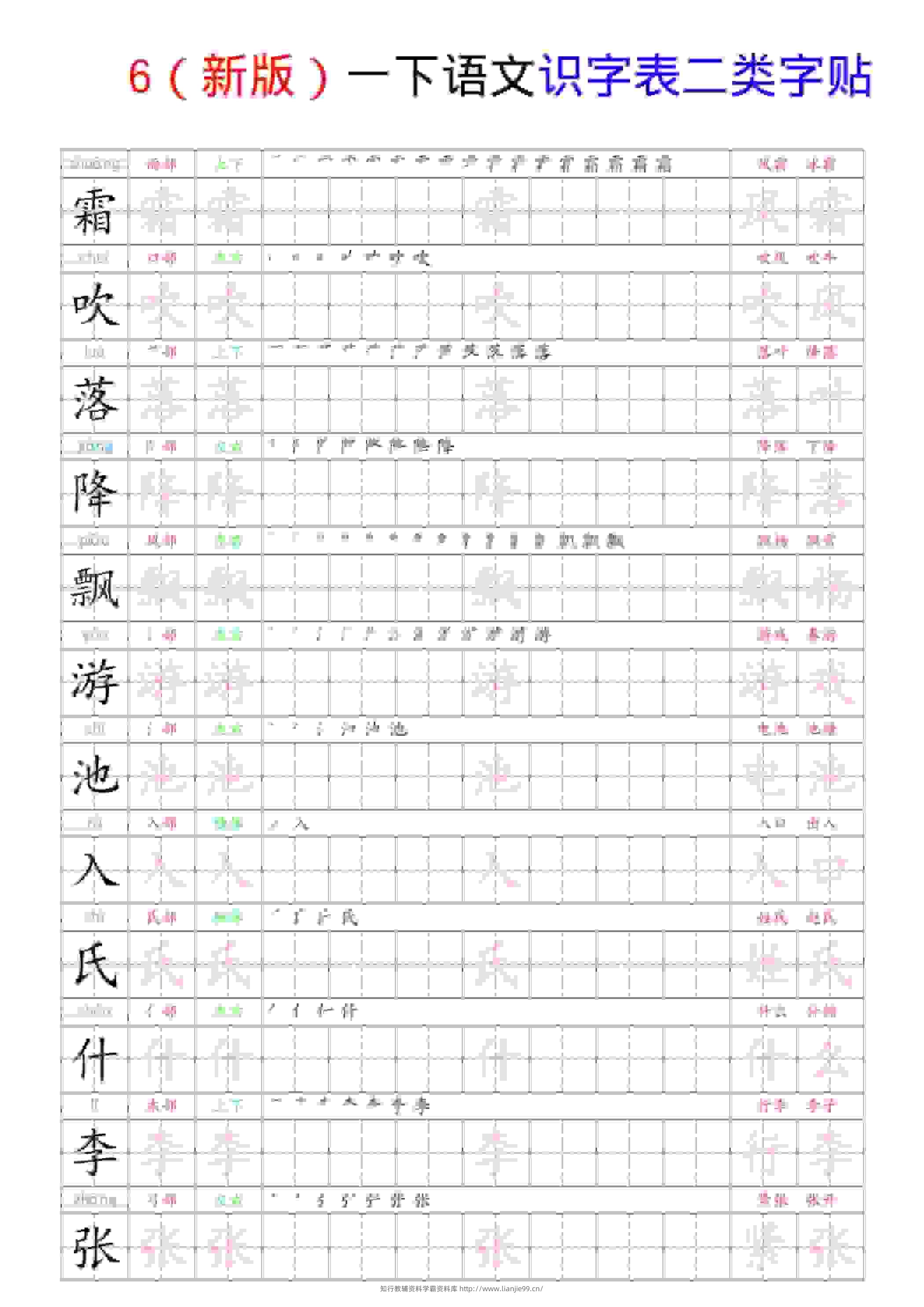 一年级下语文识字表二类字贴-学霸资料库学科资源下载