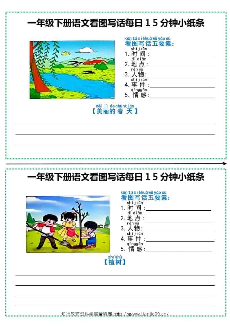一年级下语文看图写话每日15分钟小纸条（12页含范文）-学霸资料库学科资源下载