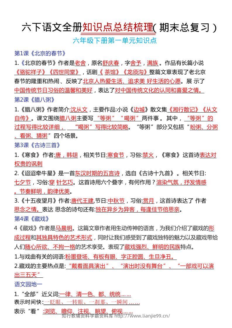 六年级下语文期末复习常考知识点总结-学霸资料库学科资源下载
