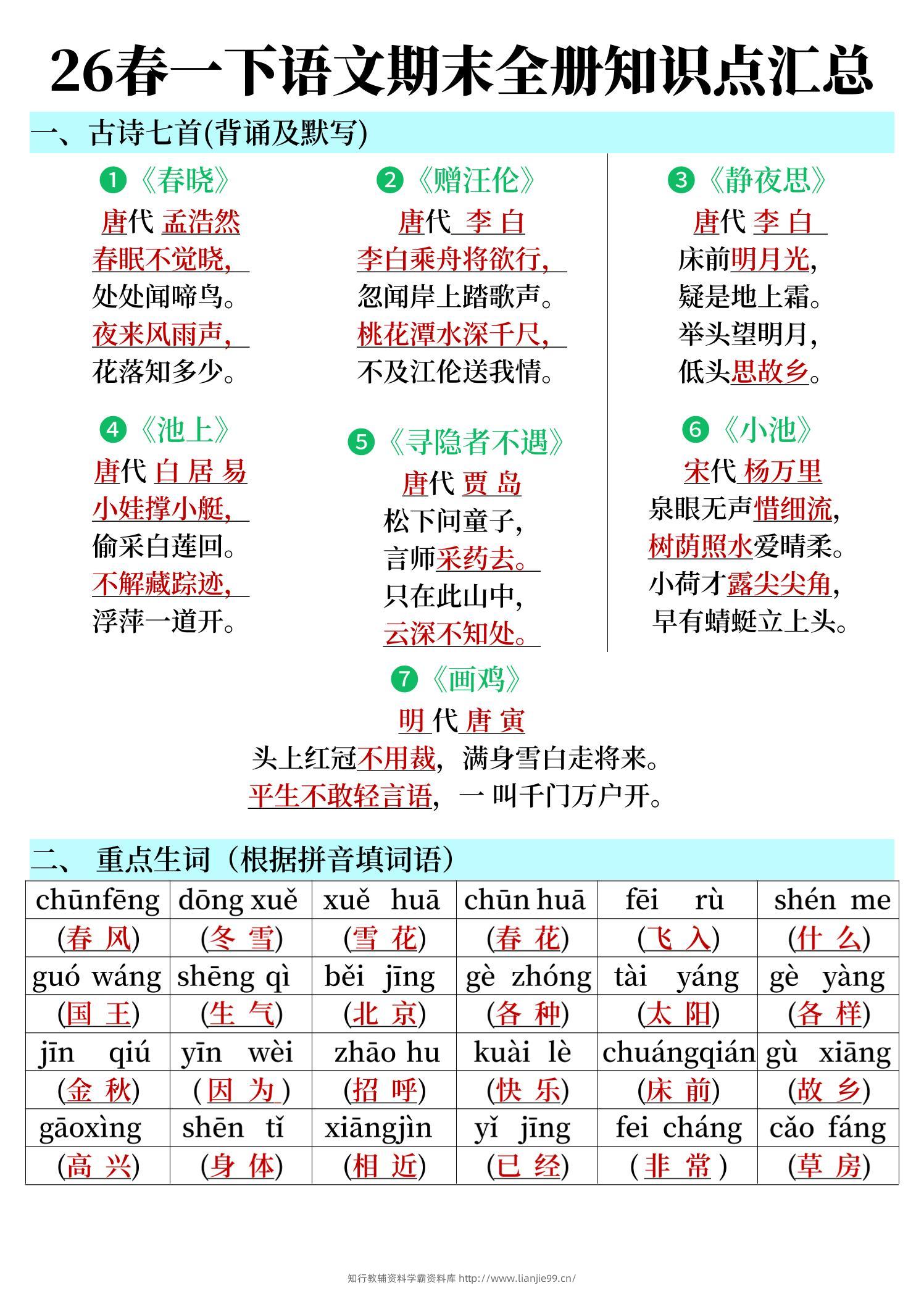 26春一下语文期末全册知识点汇总-学霸资料库学科资源下载