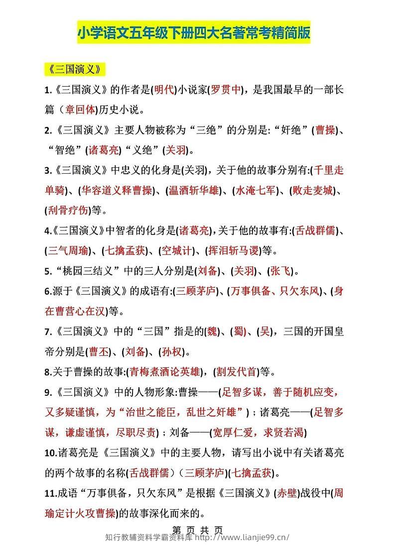 五年级下语文四大名著常考知识点精简版-学霸资料库学科资源下载