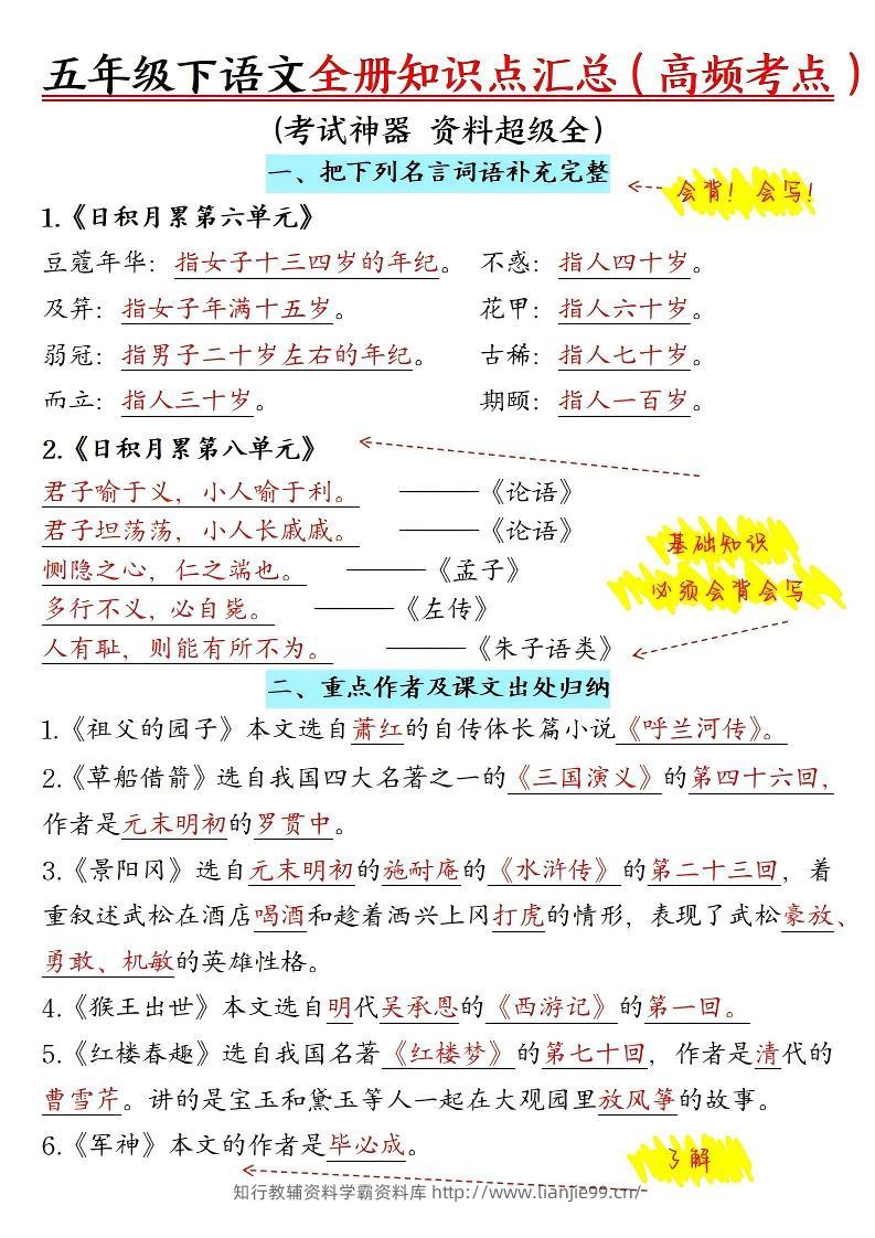 五年级下语文期末全册知识点汇总高频考点-学霸资料库学科资源下载