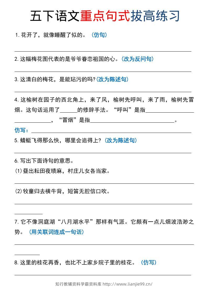 五年级下语文《重点句式》拔高练习-学霸资料库学科资源下载