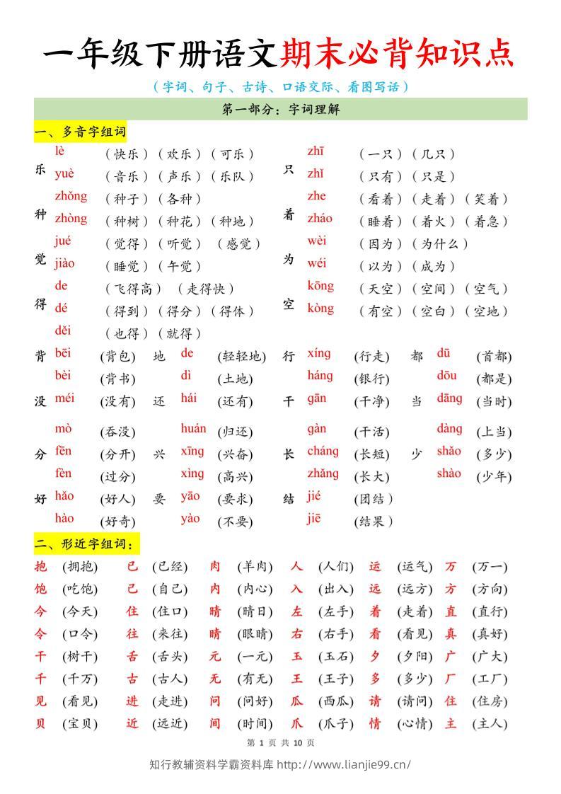 一年级下册语文期末必背知识点-学霸资料库学科资源下载