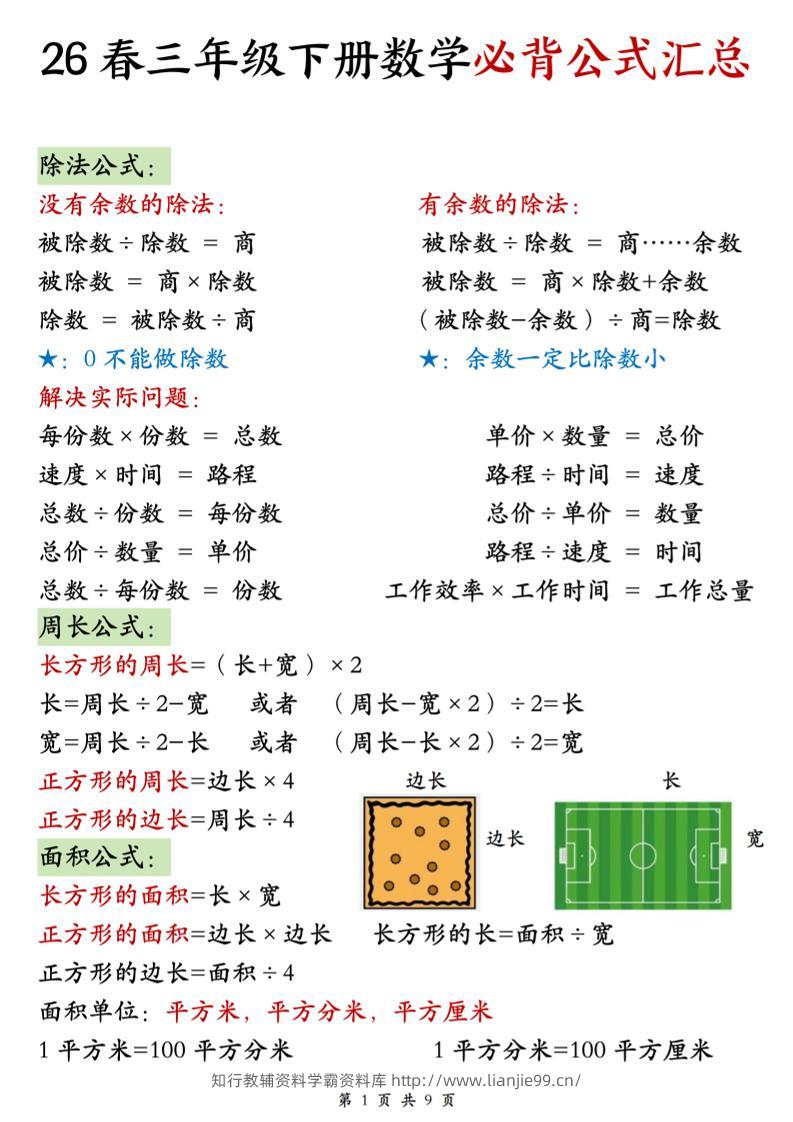 26春三年级下数学期末必背公式汇总-学霸资料库学科资源下载