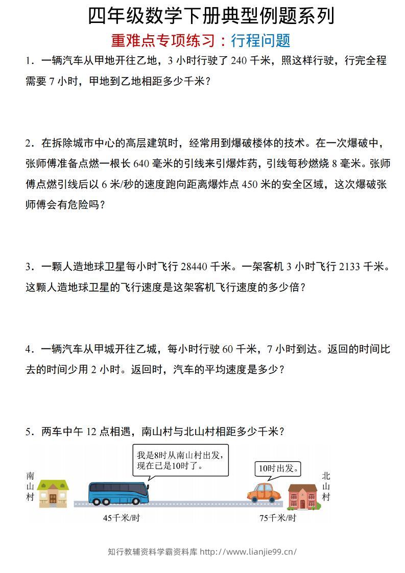 四年级下数学重难点专项：行程问题-学霸资料库学科资源下载