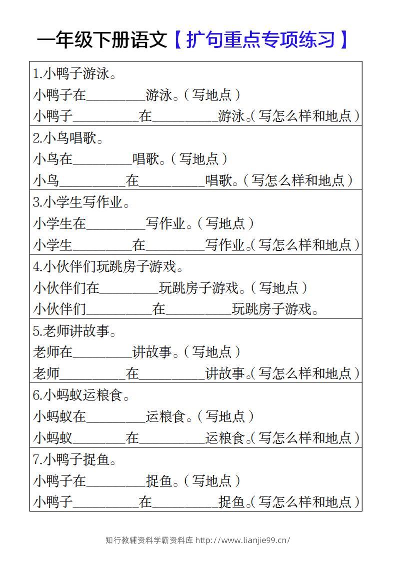一年级下册语文扩句重点专项练习-学霸资料库学科资源下载