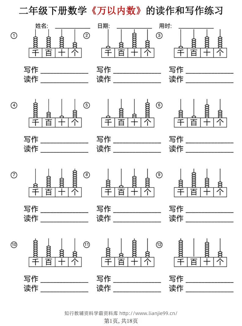二年级下数学《万以内数》的读作和写作练习-学霸资料库学科资源下载