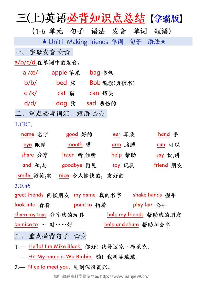 三年级(上)英语必备知识点总结-学霸资料库学科资源下载
