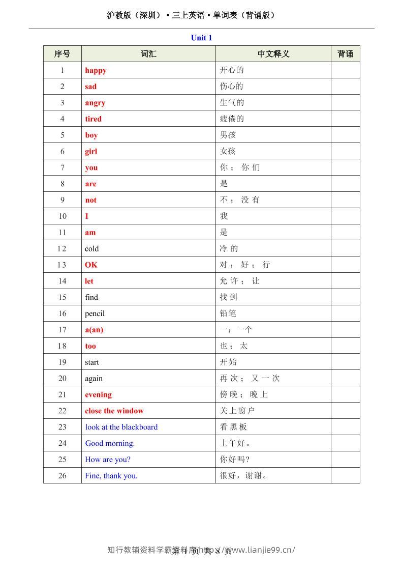沪教版（深圳）·三上英语·单词表（背诵版）-学霸资料库学科资源下载