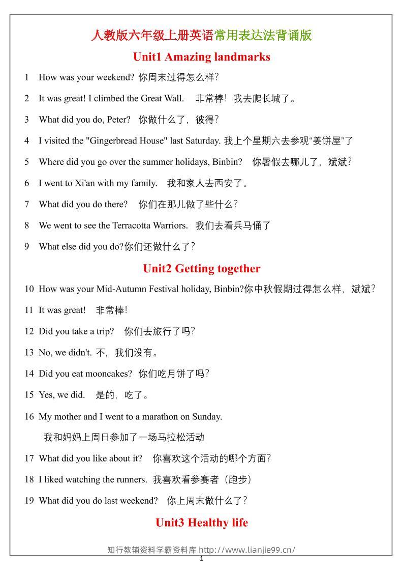 六年级上册英语常用表达法（背诵表）-学霸资料库学科资源下载