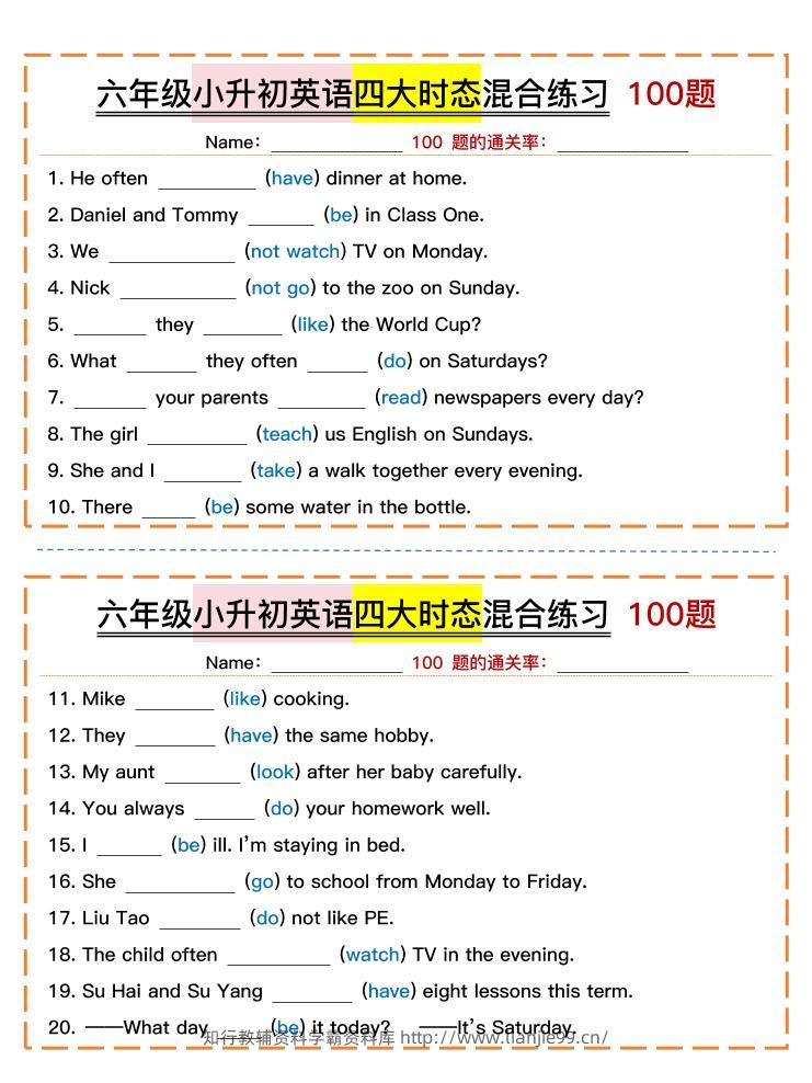 六年级下小升初英语四大时态混合练习100题-学霸资料库学科资源下载