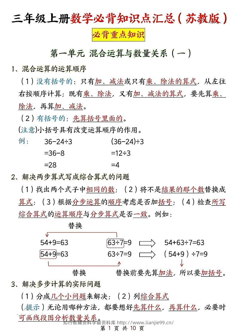 新三上苏教版数学必背重点知识-学霸资料库学科资源下载
