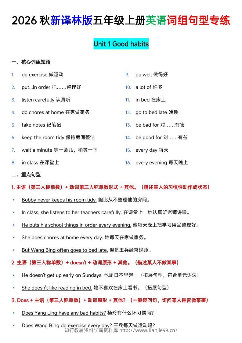 新译林版五年级上册英语U1-U8词组句型专项训练-学霸资料库学科资源下载