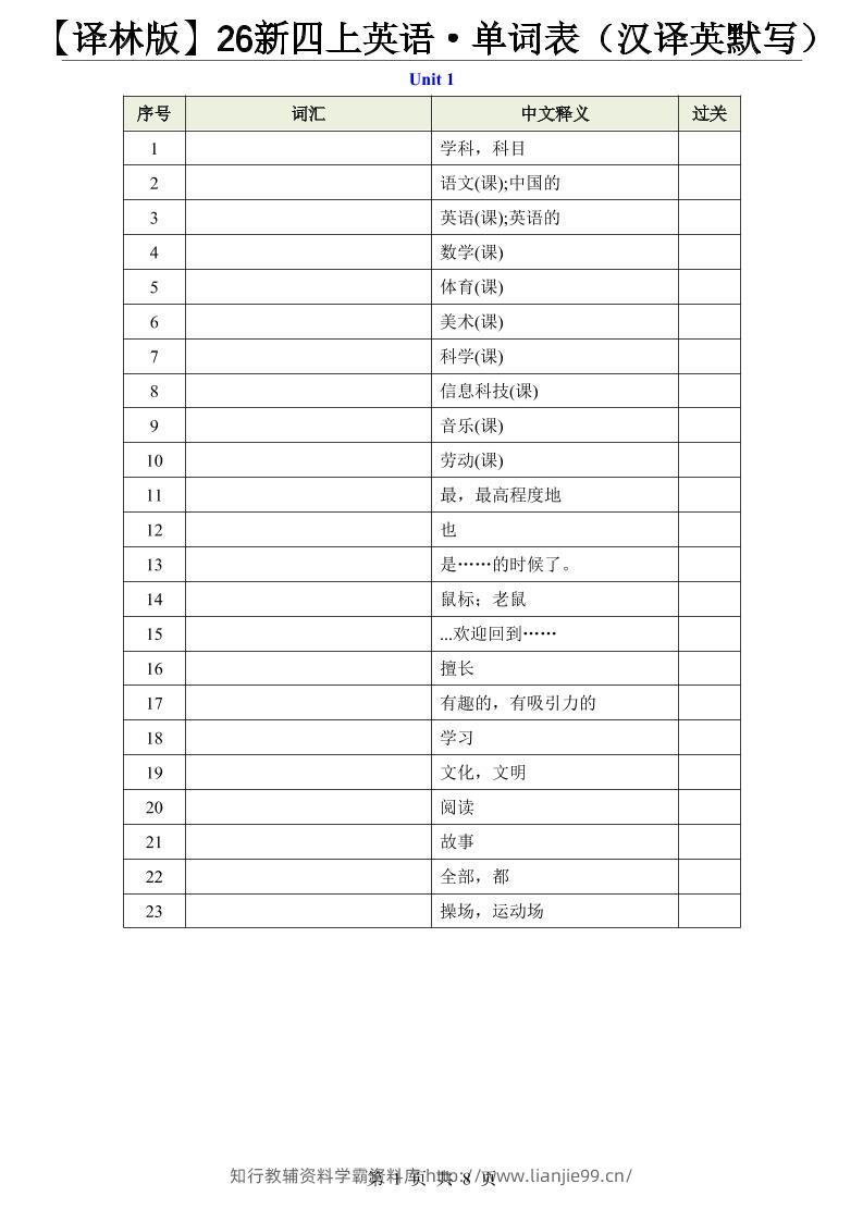 【译林版】26新四上英语·单词表（汉译英默写）-学霸资料库学科资源下载