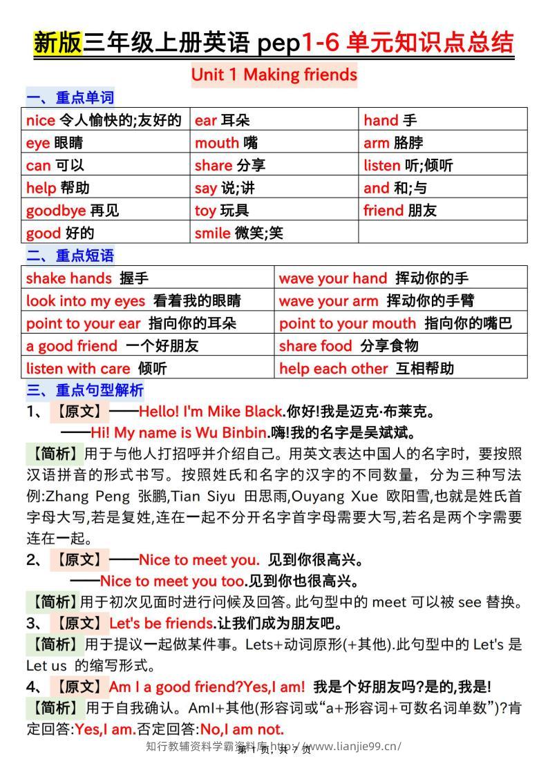 新版三上英语1-6单元知识点总结（人教PEP）7页-学霸资料库学科资源下载