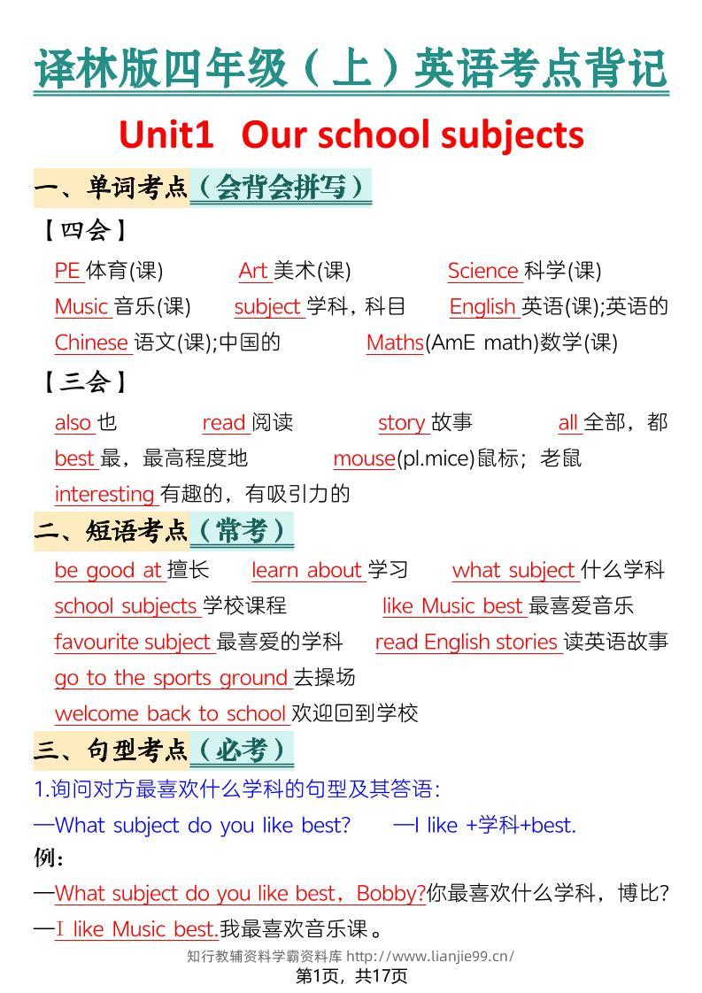 新四年级上册英语译林版考点背记-学霸资料库学科资源下载