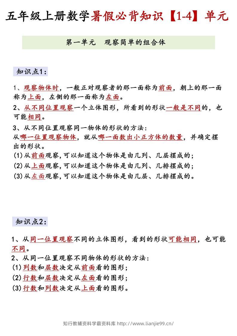 26新五上数学【1-4】单元必背知识《人教版》-学霸资料库学科资源下载