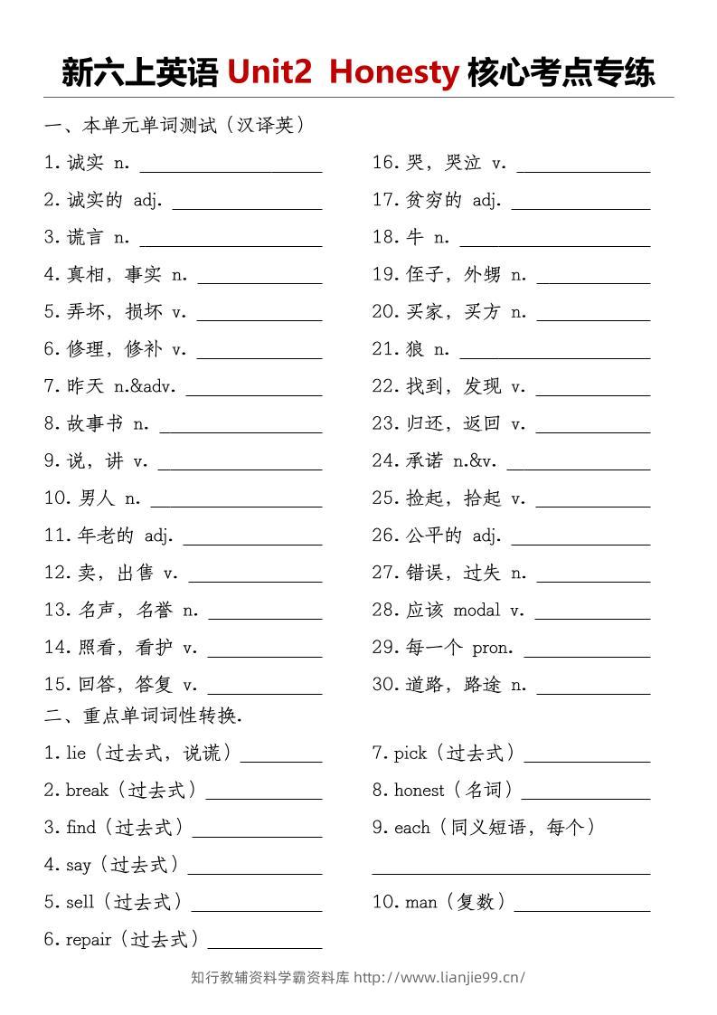 译林版《新六上英语Unit2Honesty核心考点专练》-学霸资料库学科资源下载