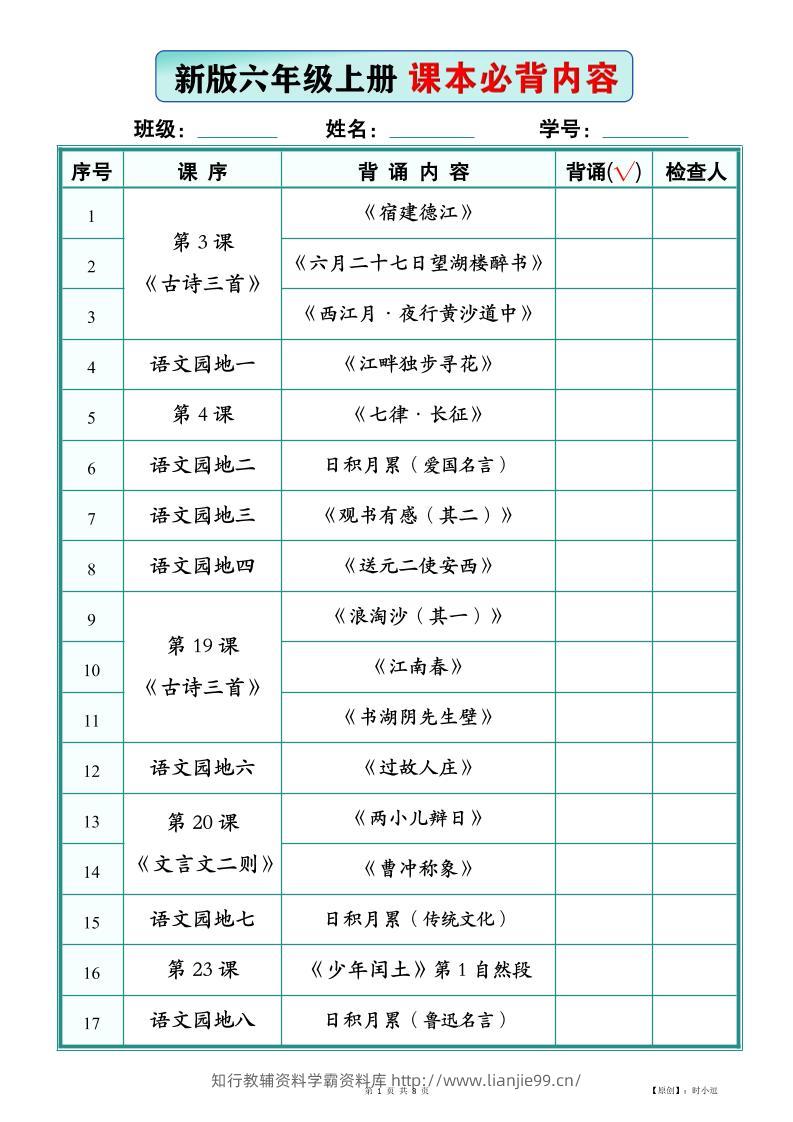 26新版六上语文【课本必背内容】背诵版-学霸资料库学科资源下载