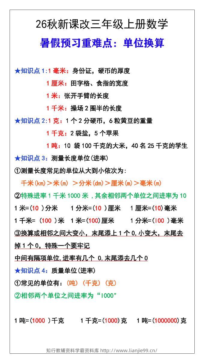 26秋新课改三年级数学上册难点测量单位换算-学霸资料库学科资源下载