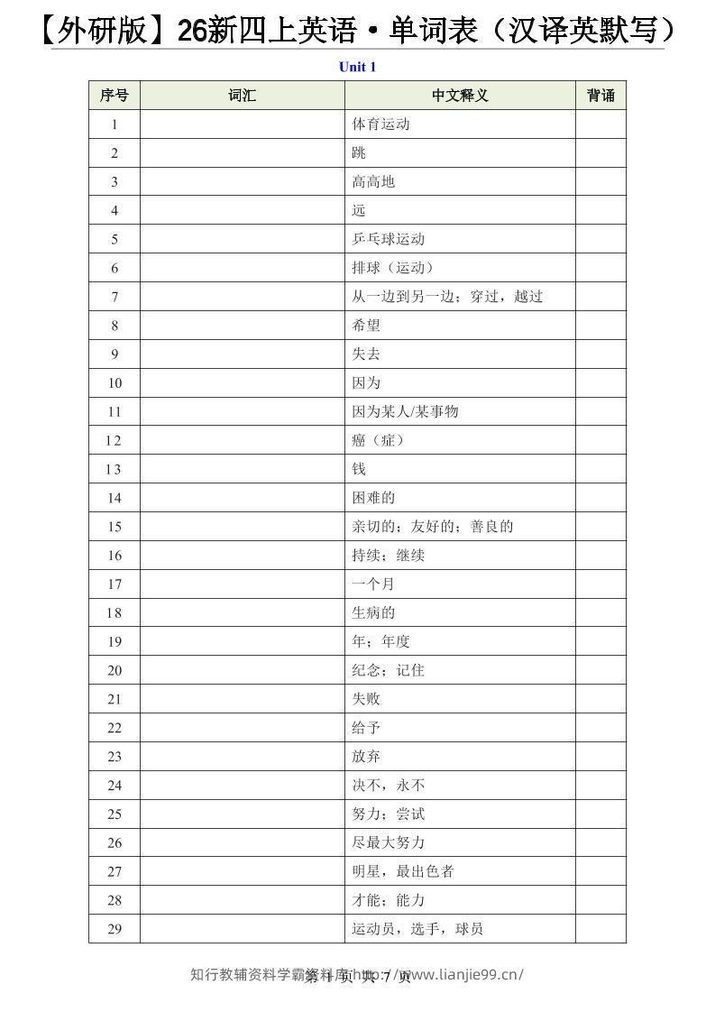 【外研版】26新四上英语·单词表（汉译英默写）-学霸资料库学科资源下载